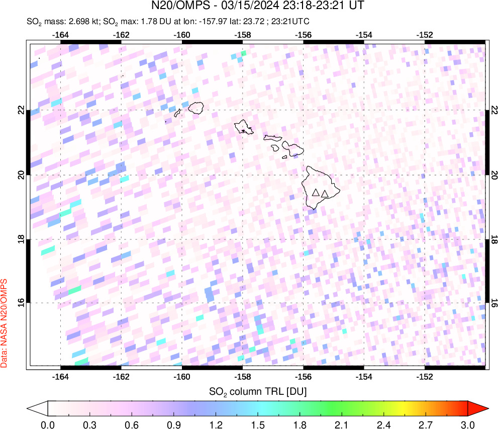 A sulfur dioxide image over Hawaii, USA on Mar 15, 2024.