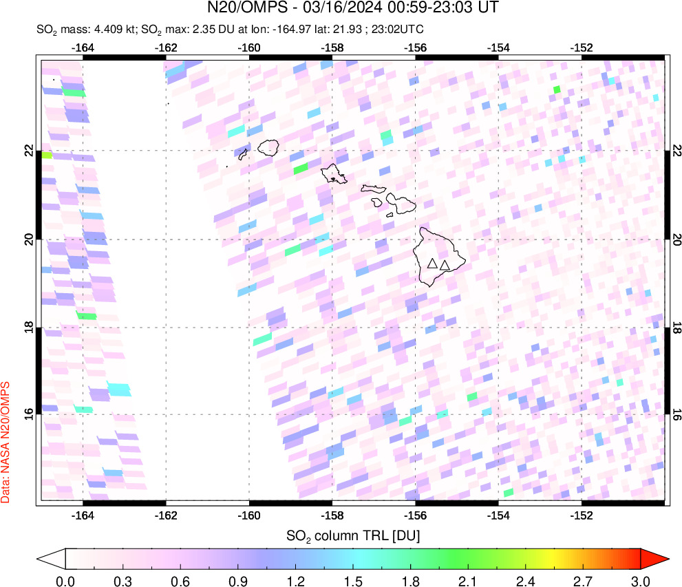 A sulfur dioxide image over Hawaii, USA on Mar 16, 2024.