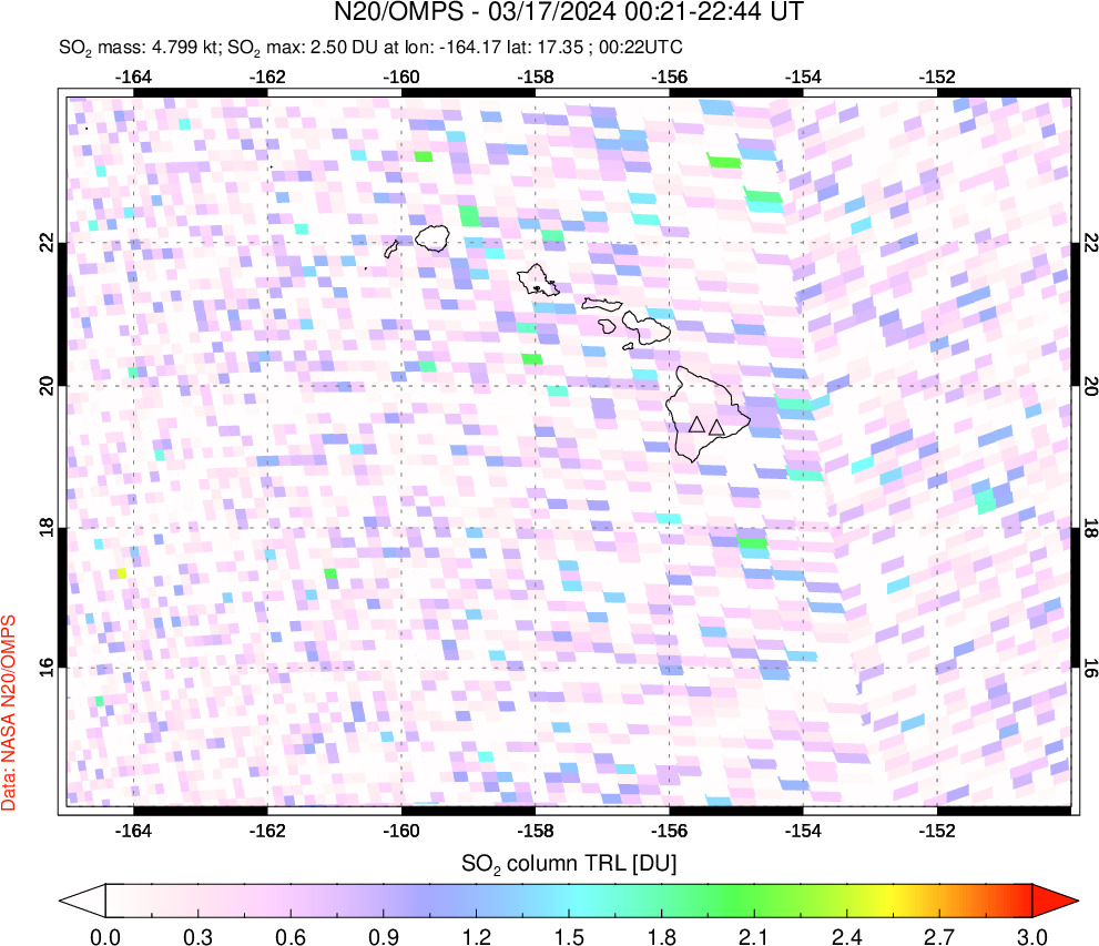 A sulfur dioxide image over Hawaii, USA on Mar 17, 2024.