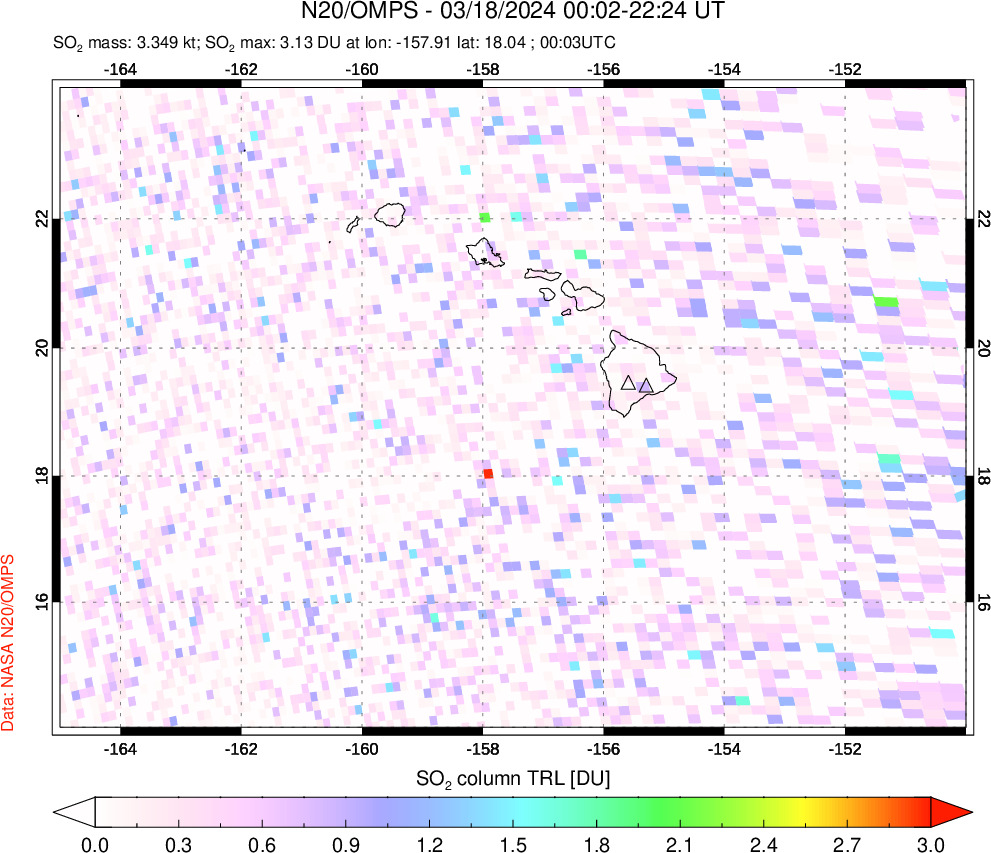 A sulfur dioxide image over Hawaii, USA on Mar 18, 2024.