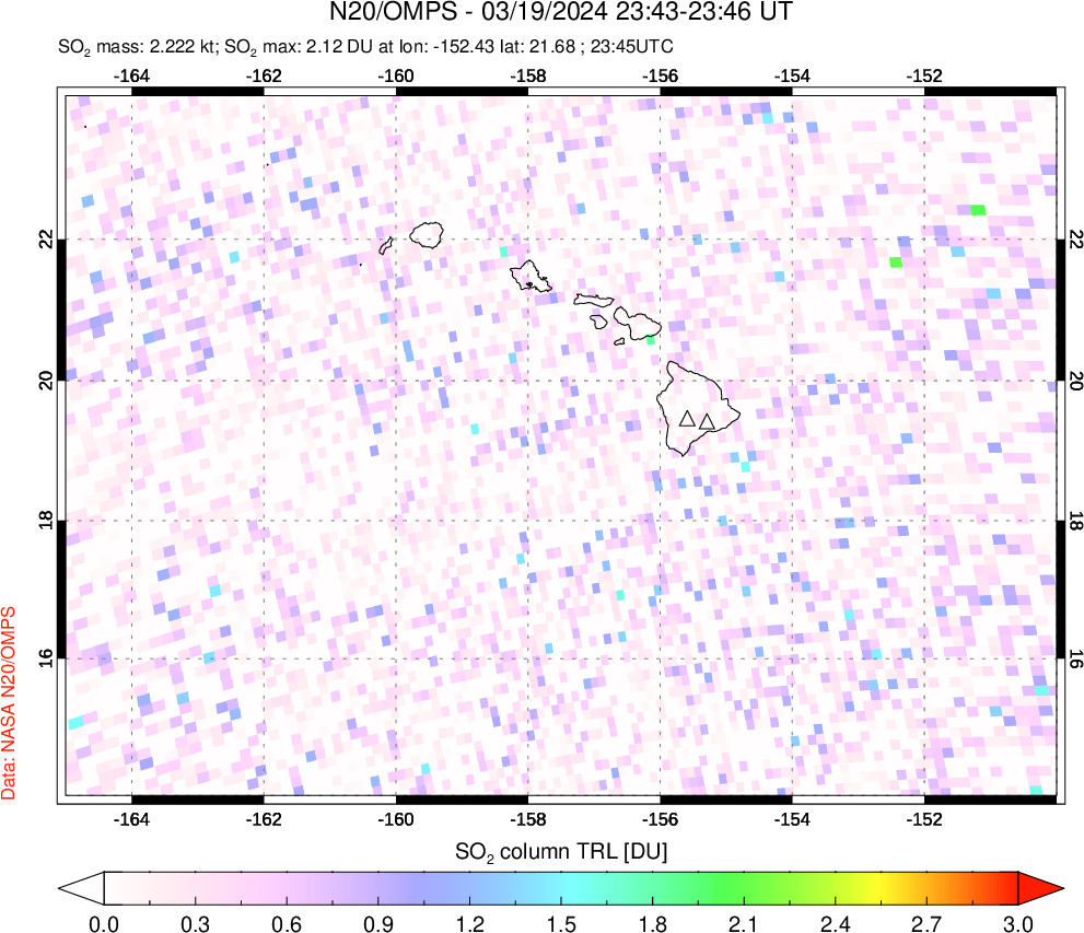 A sulfur dioxide image over Hawaii, USA on Mar 19, 2024.