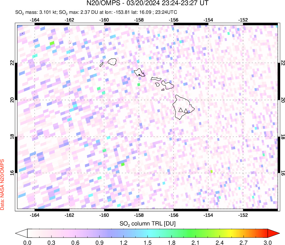 A sulfur dioxide image over Hawaii, USA on Mar 20, 2024.