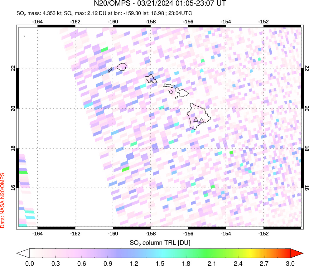 A sulfur dioxide image over Hawaii, USA on Mar 21, 2024.