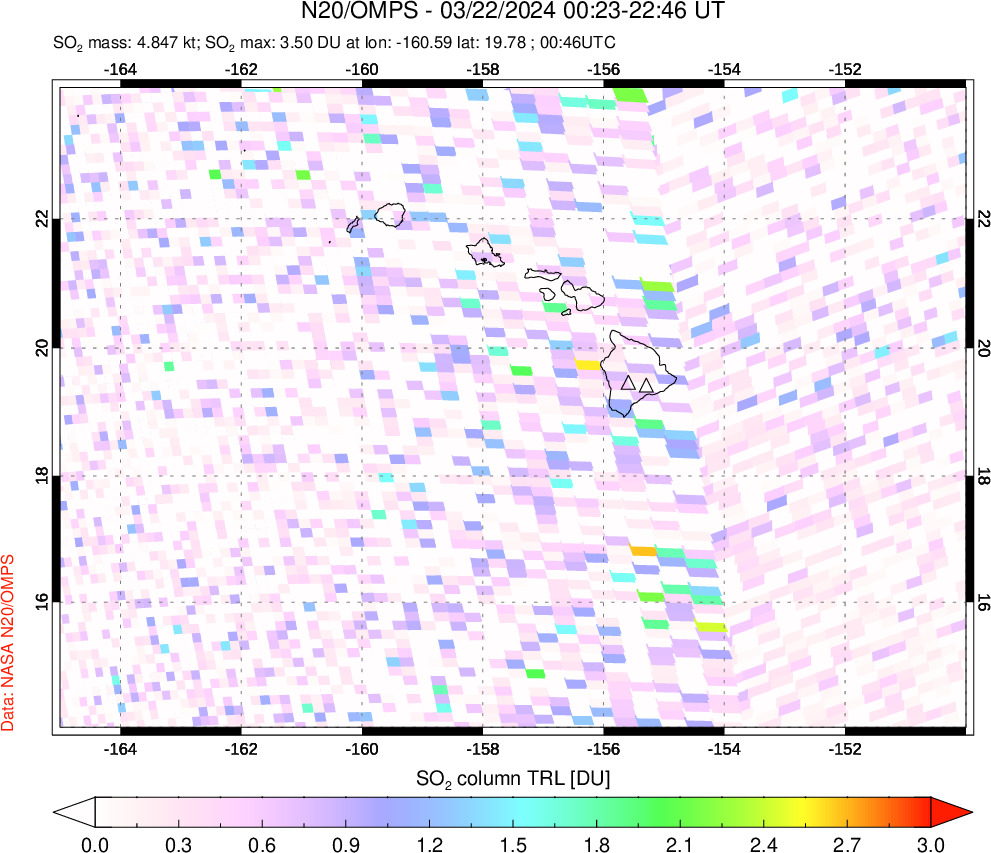 A sulfur dioxide image over Hawaii, USA on Mar 22, 2024.