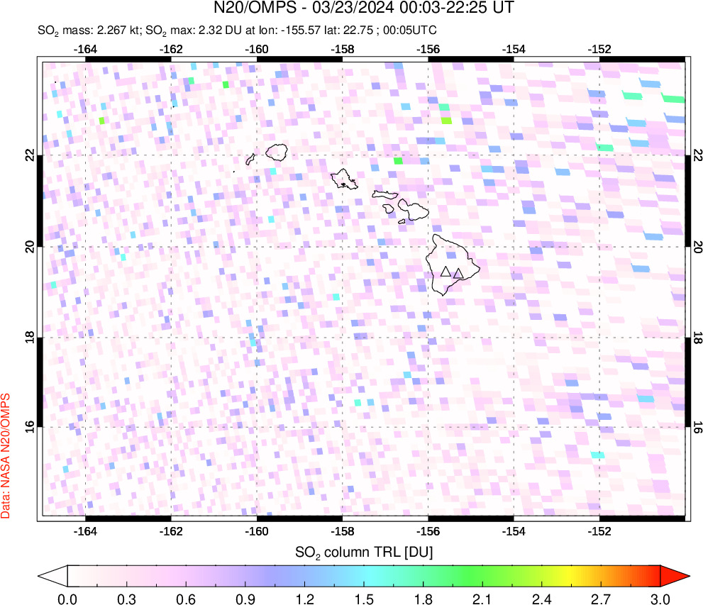 A sulfur dioxide image over Hawaii, USA on Mar 23, 2024.