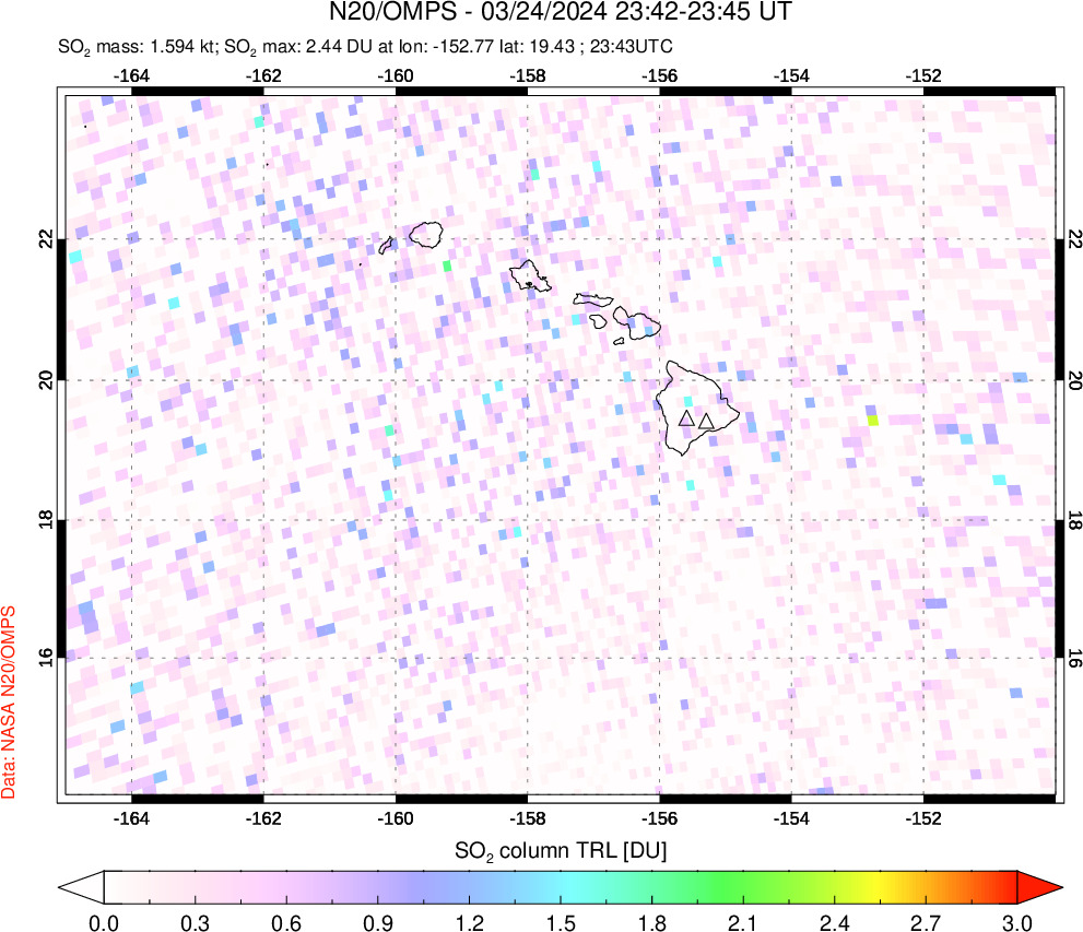 A sulfur dioxide image over Hawaii, USA on Mar 24, 2024.