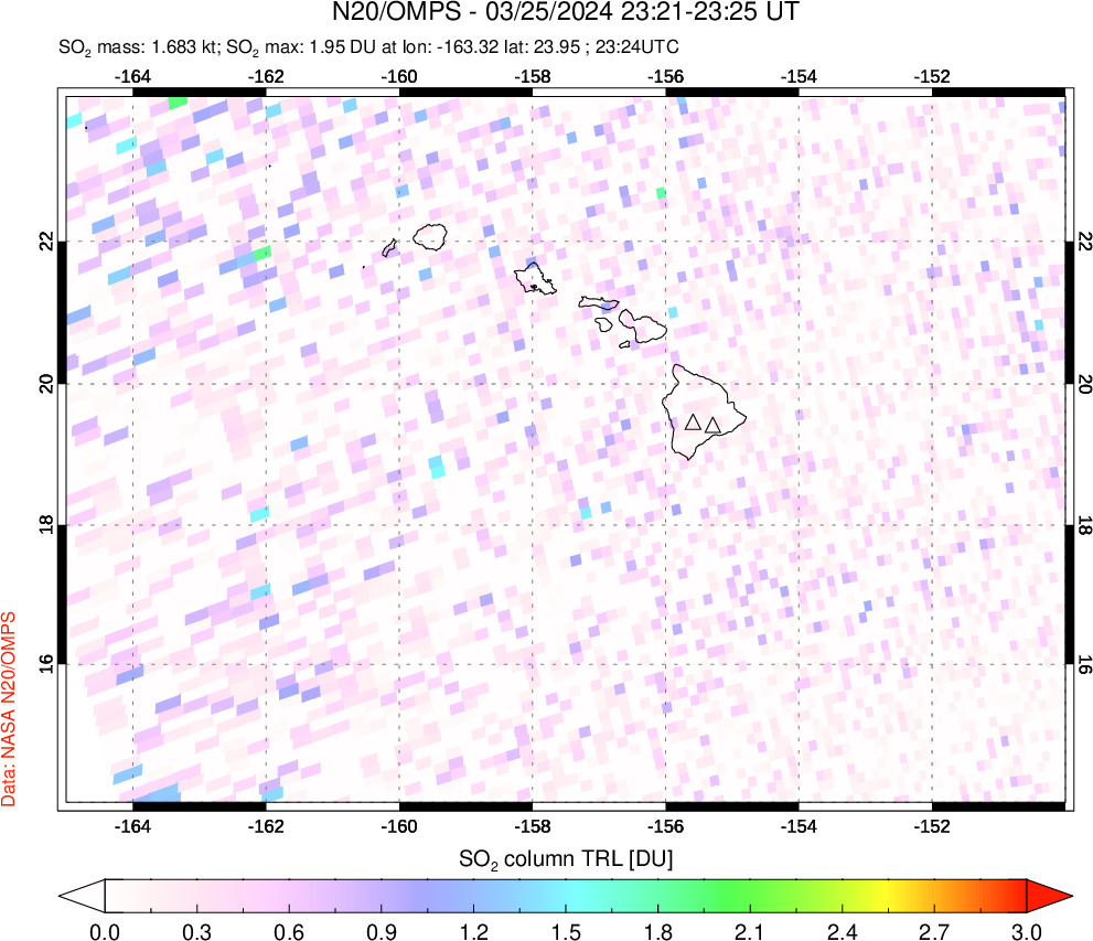 A sulfur dioxide image over Hawaii, USA on Mar 25, 2024.