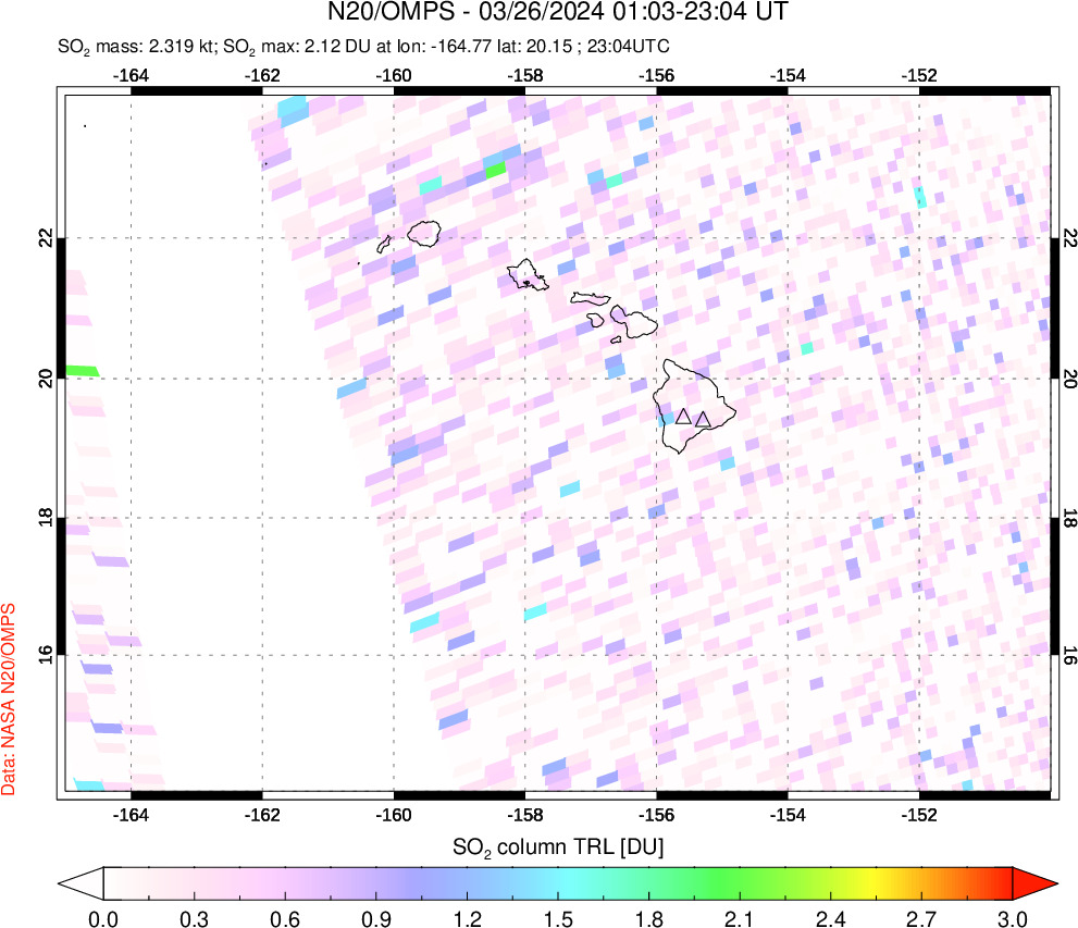 A sulfur dioxide image over Hawaii, USA on Mar 26, 2024.