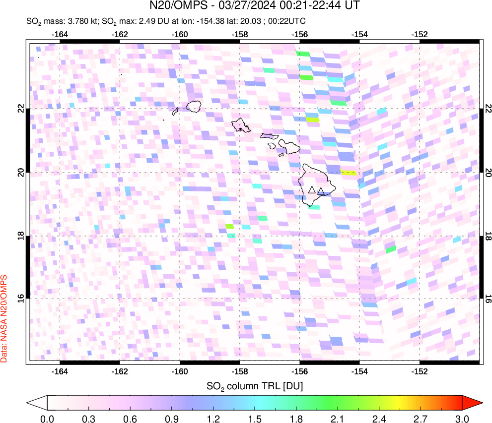 A sulfur dioxide image over Hawaii, USA on Mar 27, 2024.