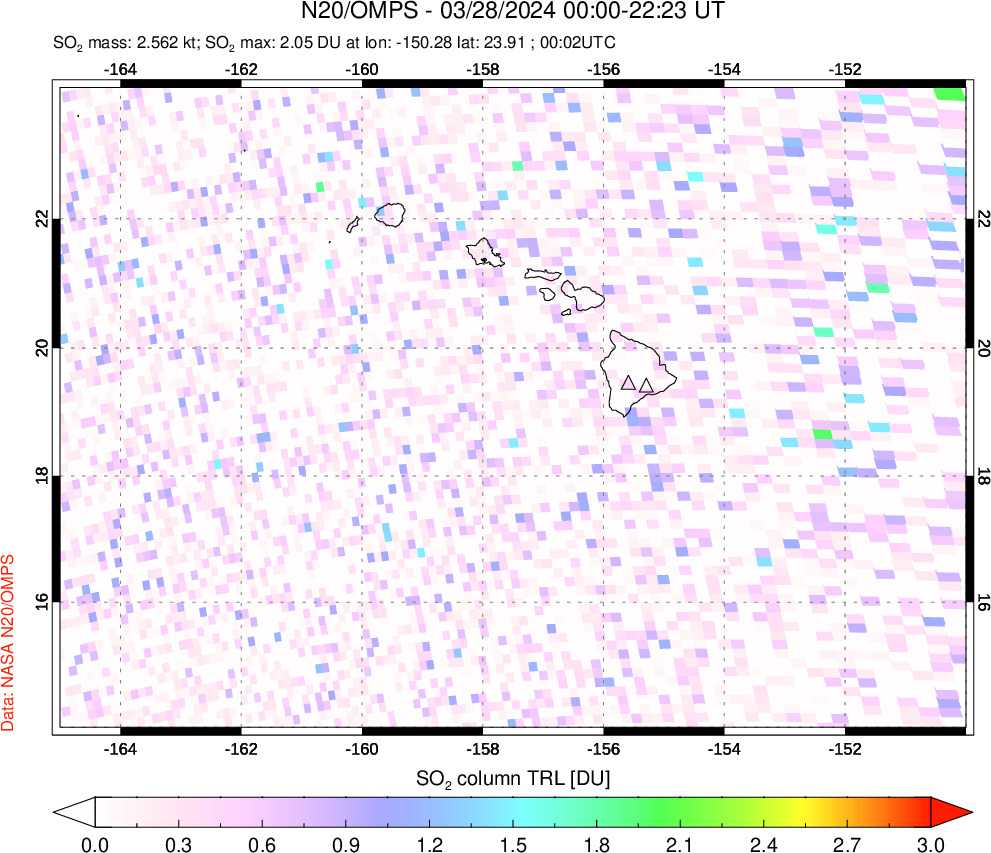 A sulfur dioxide image over Hawaii, USA on Mar 28, 2024.