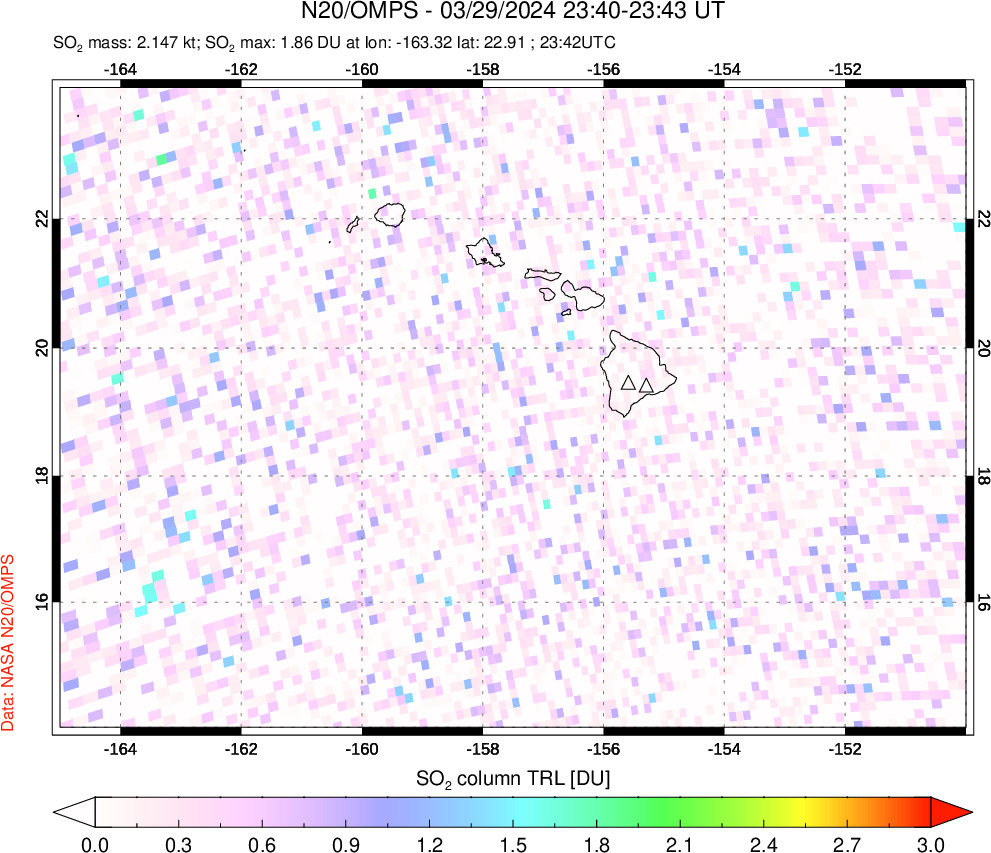 A sulfur dioxide image over Hawaii, USA on Mar 29, 2024.