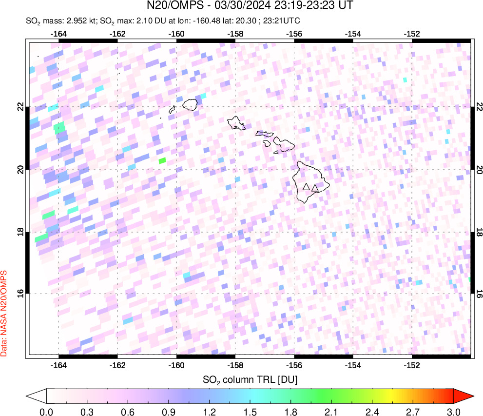 A sulfur dioxide image over Hawaii, USA on Mar 30, 2024.