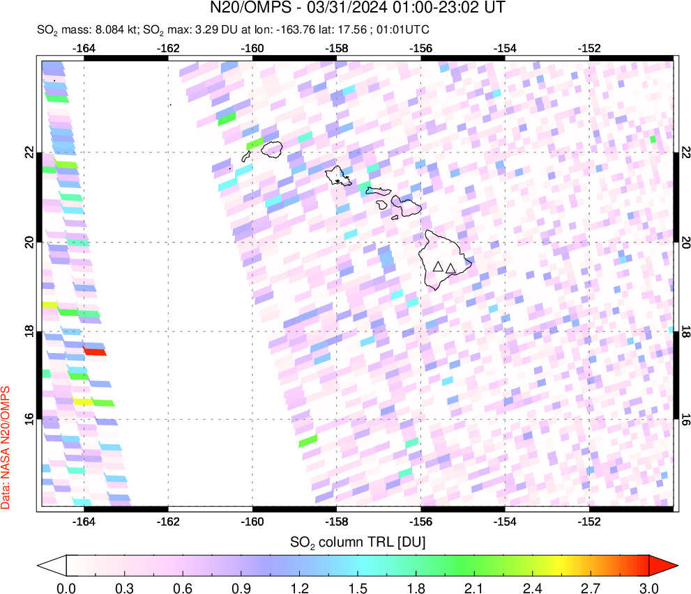 A sulfur dioxide image over Hawaii, USA on Mar 31, 2024.