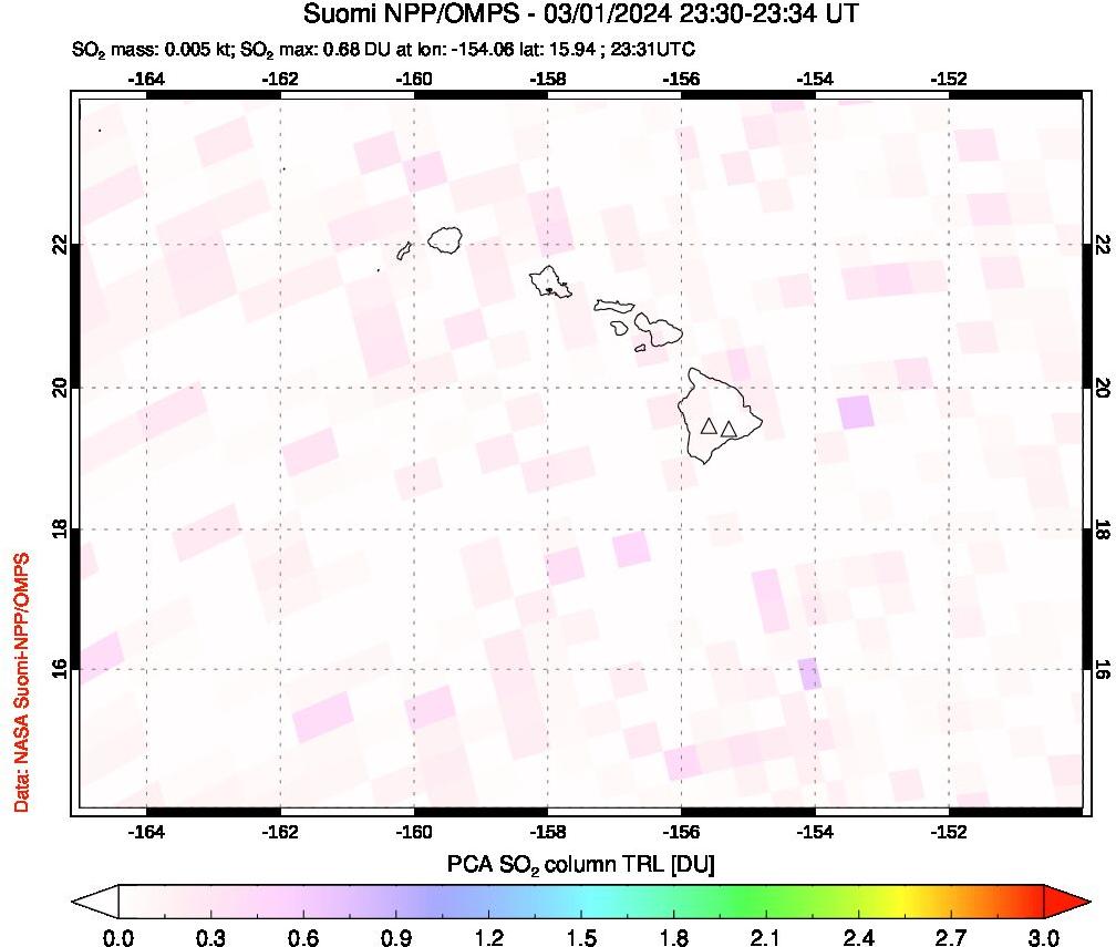 A sulfur dioxide image over Hawaii, USA on Mar 01, 2024.