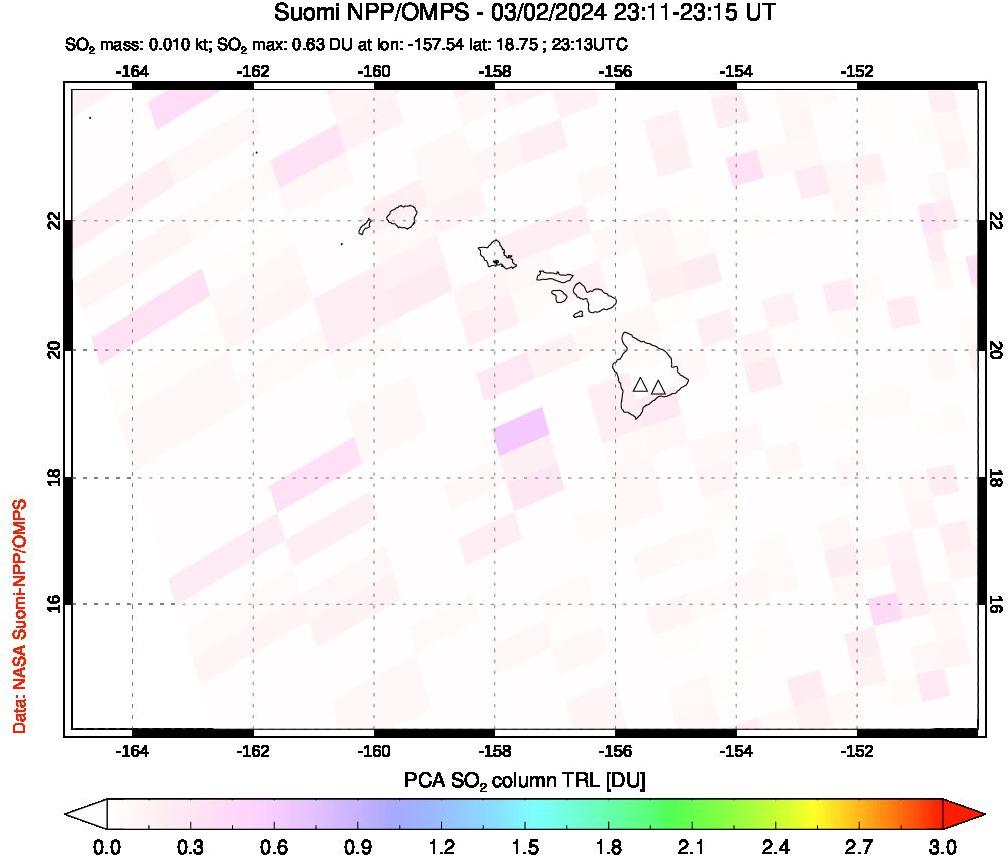 A sulfur dioxide image over Hawaii, USA on Mar 02, 2024.