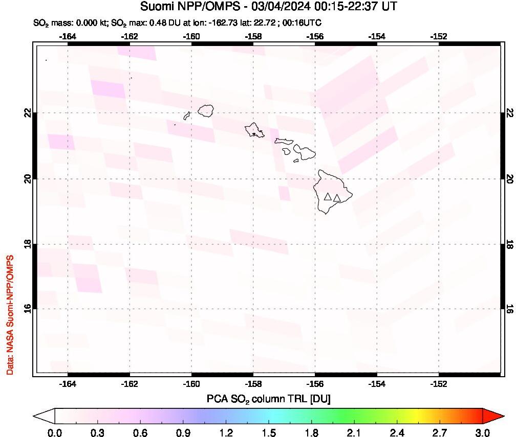 A sulfur dioxide image over Hawaii, USA on Mar 04, 2024.