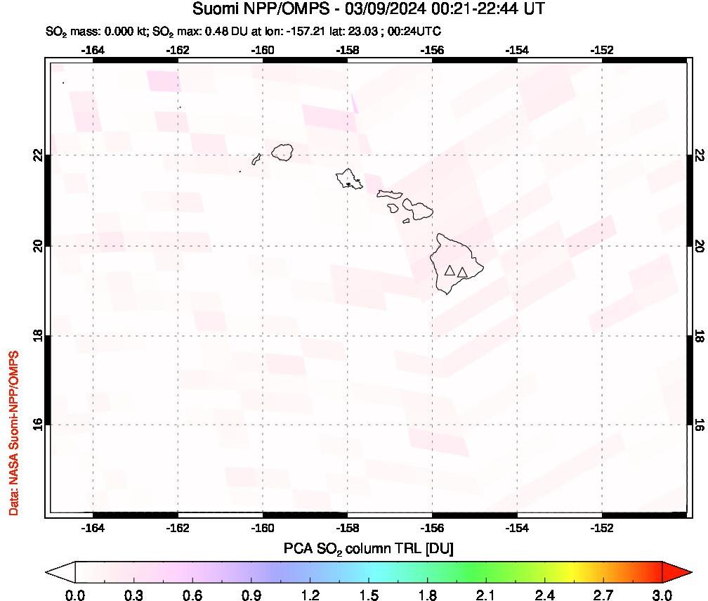 A sulfur dioxide image over Hawaii, USA on Mar 09, 2024.