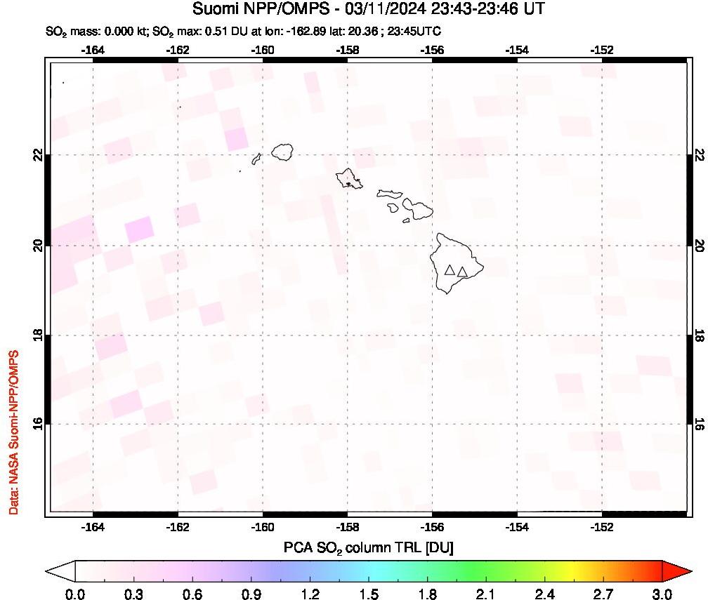 A sulfur dioxide image over Hawaii, USA on Mar 11, 2024.