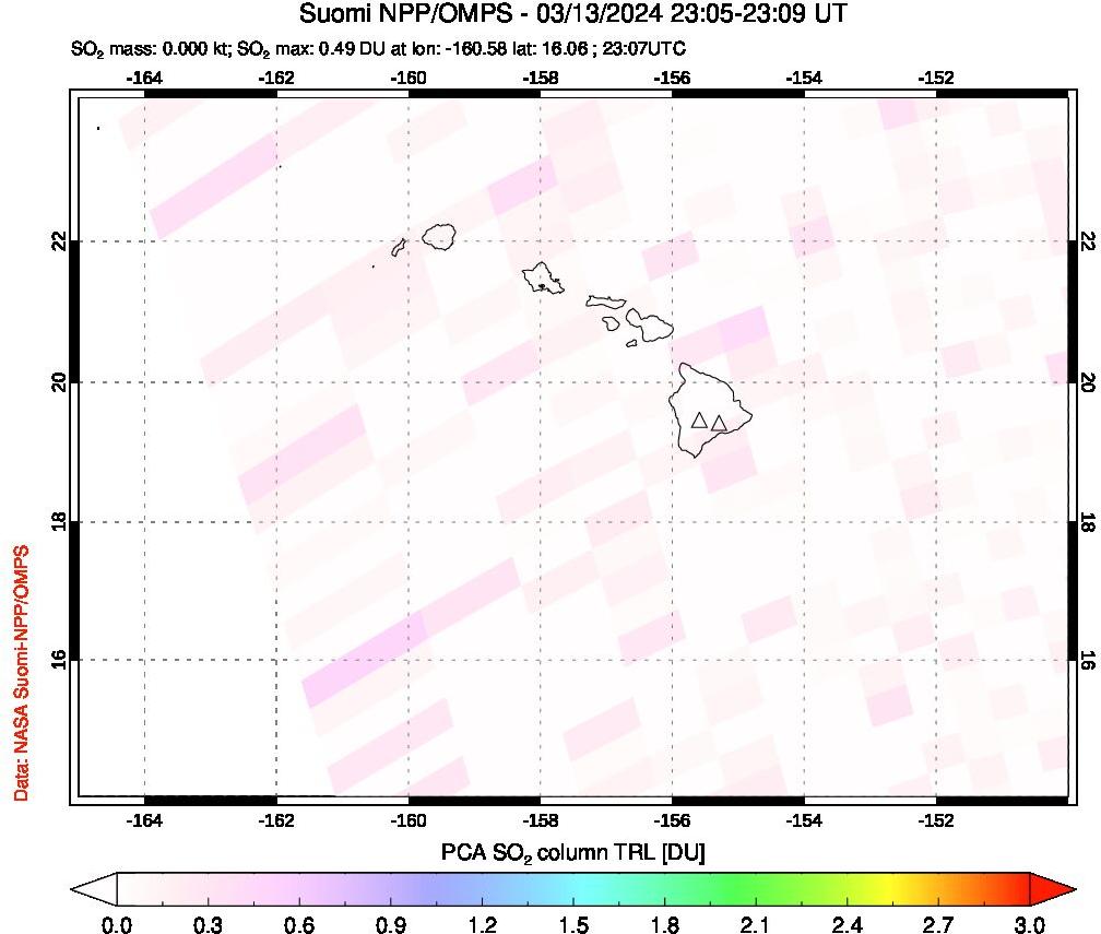 A sulfur dioxide image over Hawaii, USA on Mar 13, 2024.