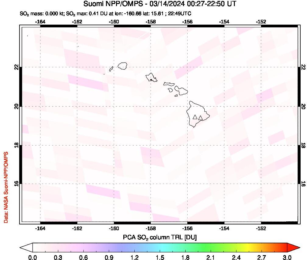 A sulfur dioxide image over Hawaii, USA on Mar 14, 2024.