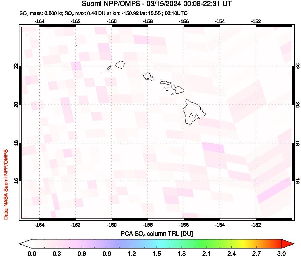 A sulfur dioxide image over Hawaii, USA on Mar 15, 2024.