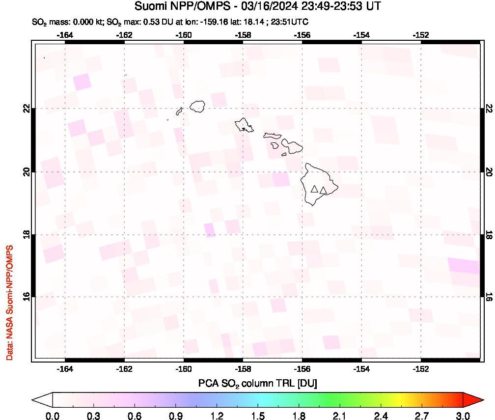 A sulfur dioxide image over Hawaii, USA on Mar 16, 2024.