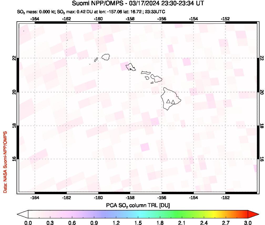 A sulfur dioxide image over Hawaii, USA on Mar 17, 2024.