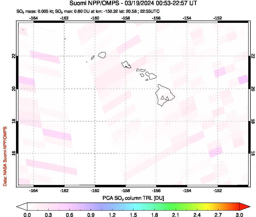 A sulfur dioxide image over Hawaii, USA on Mar 19, 2024.