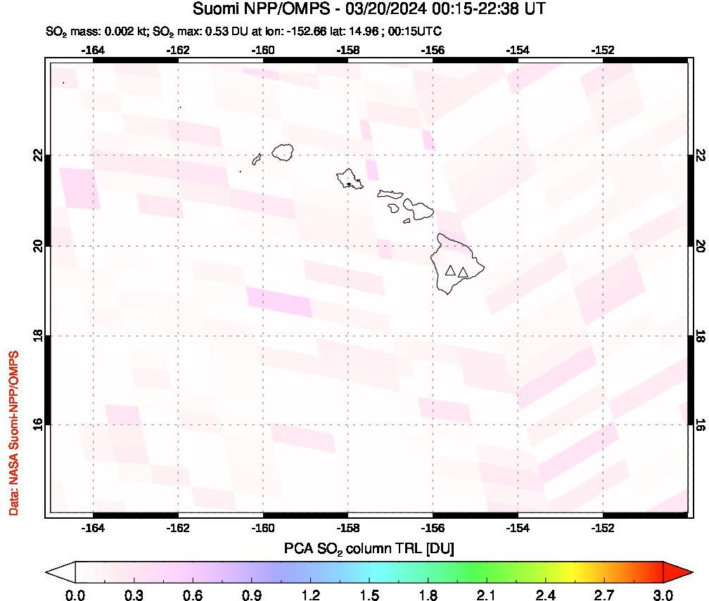 A sulfur dioxide image over Hawaii, USA on Mar 20, 2024.