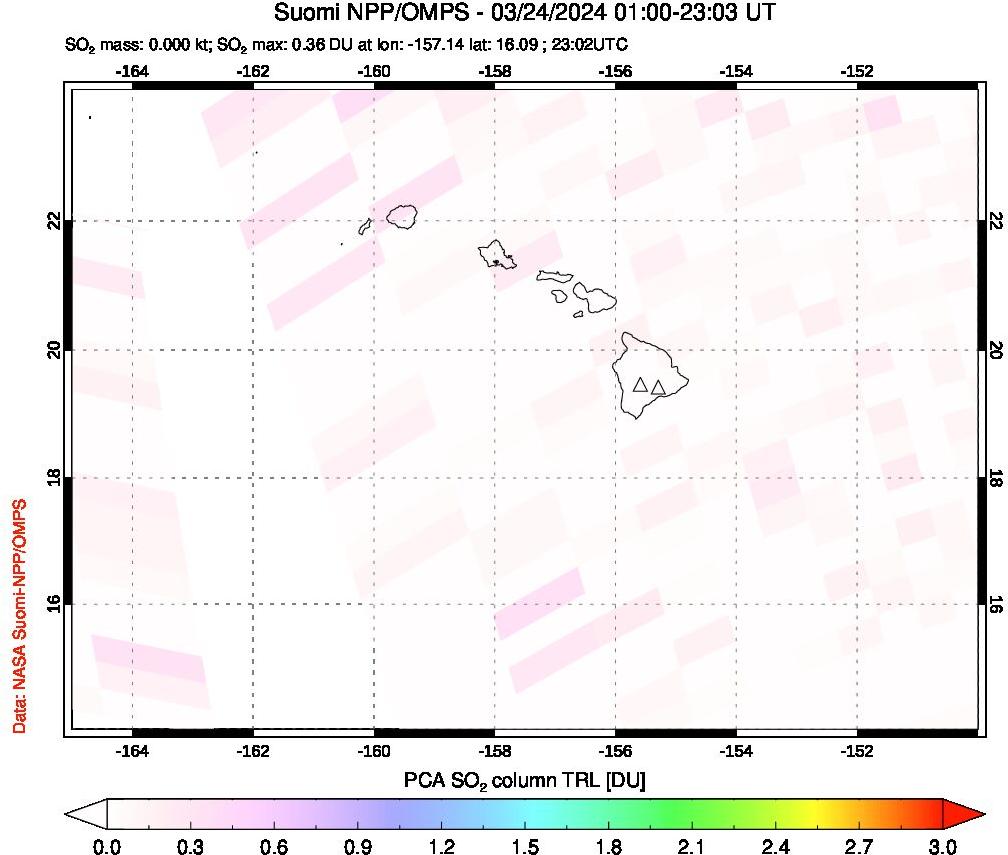 A sulfur dioxide image over Hawaii, USA on Mar 24, 2024.