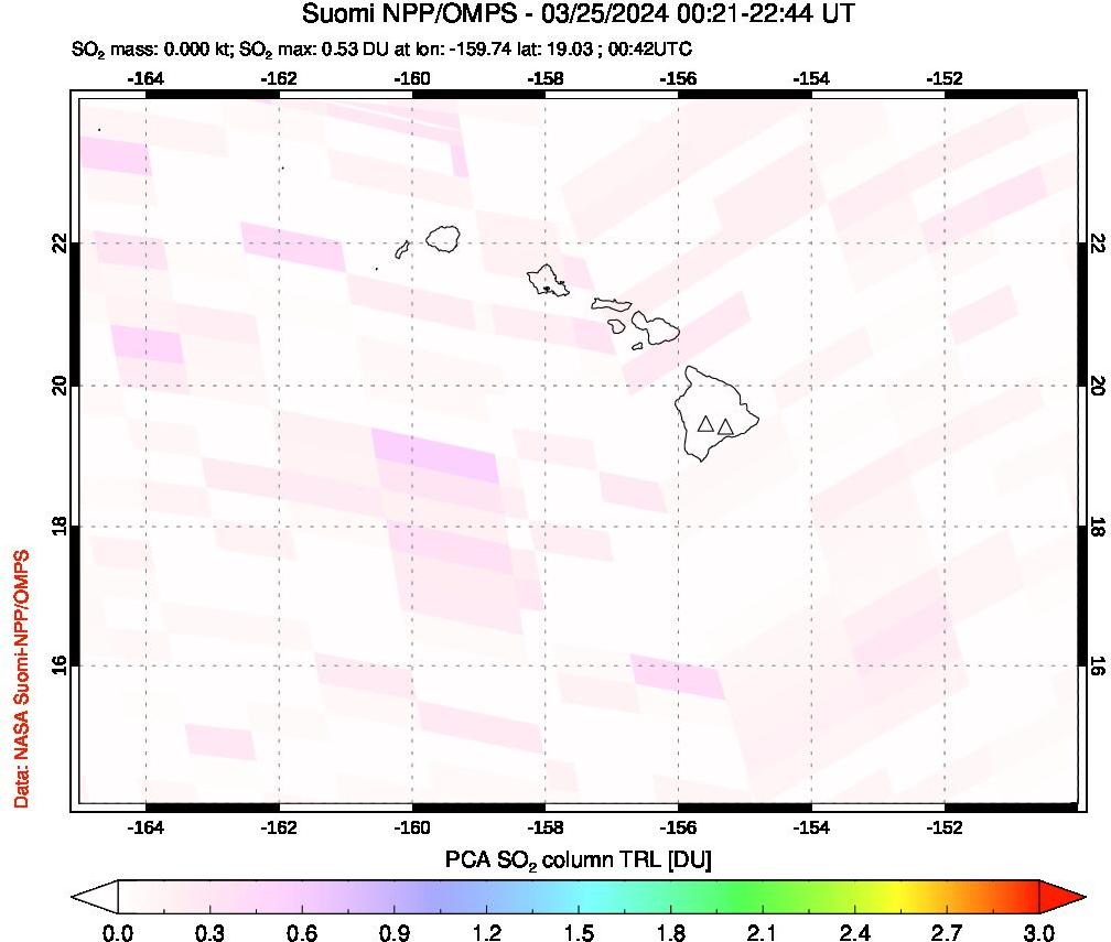 A sulfur dioxide image over Hawaii, USA on Mar 25, 2024.