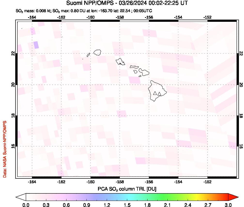 A sulfur dioxide image over Hawaii, USA on Mar 26, 2024.