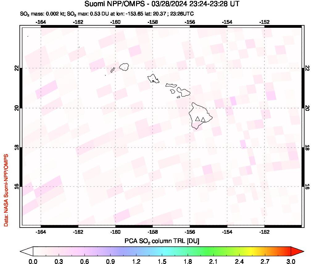 A sulfur dioxide image over Hawaii, USA on Mar 28, 2024.