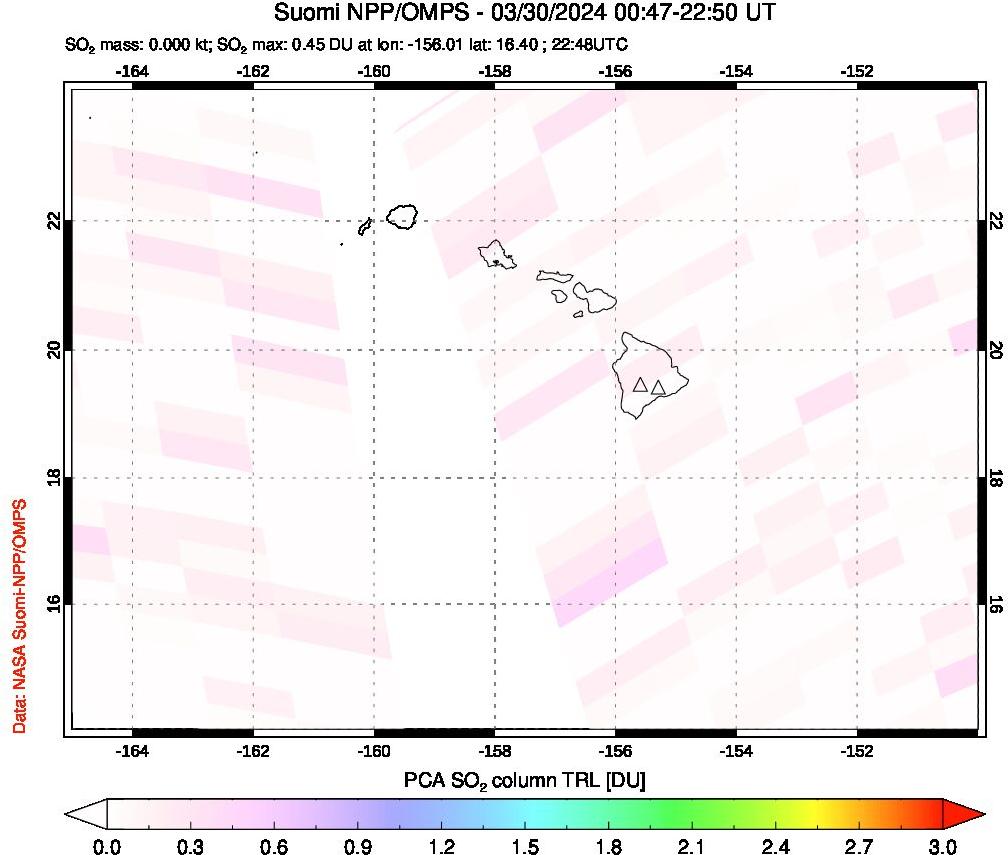 A sulfur dioxide image over Hawaii, USA on Mar 30, 2024.