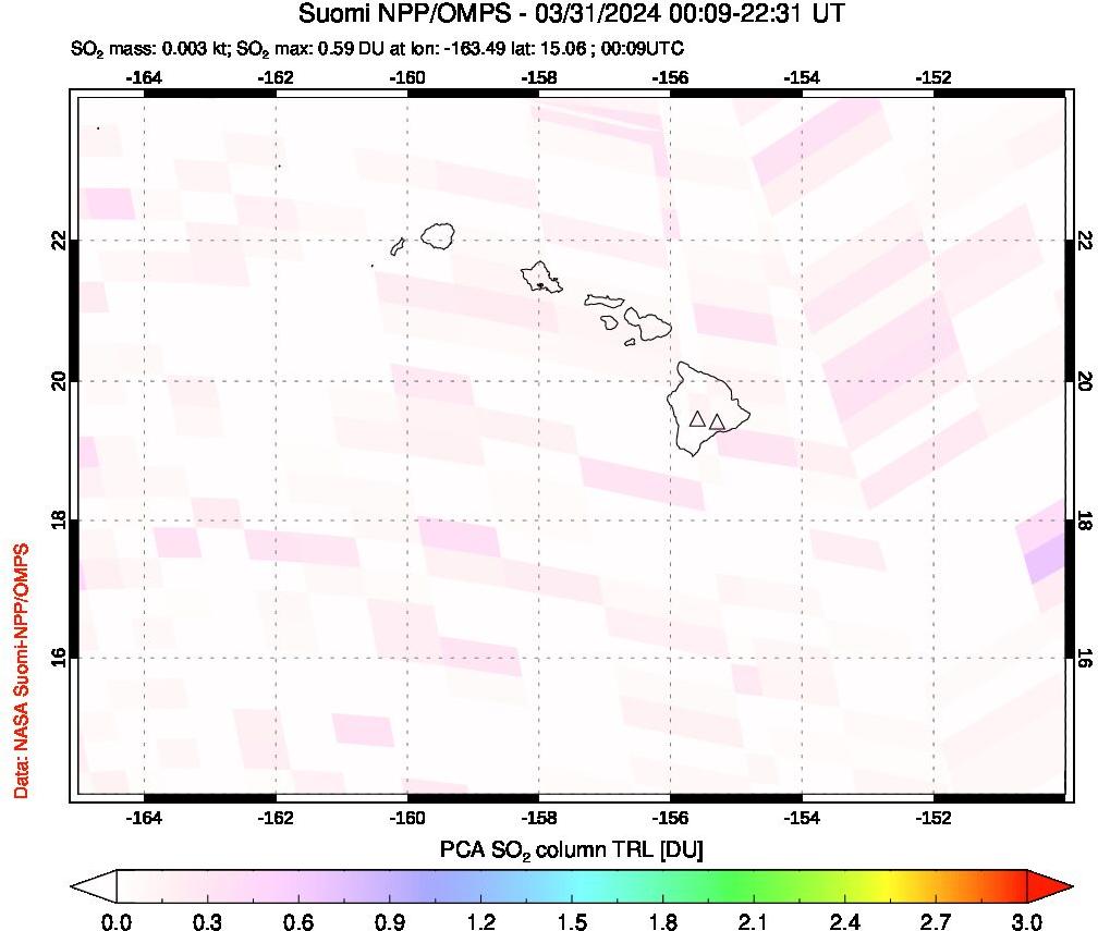 A sulfur dioxide image over Hawaii, USA on Mar 31, 2024.