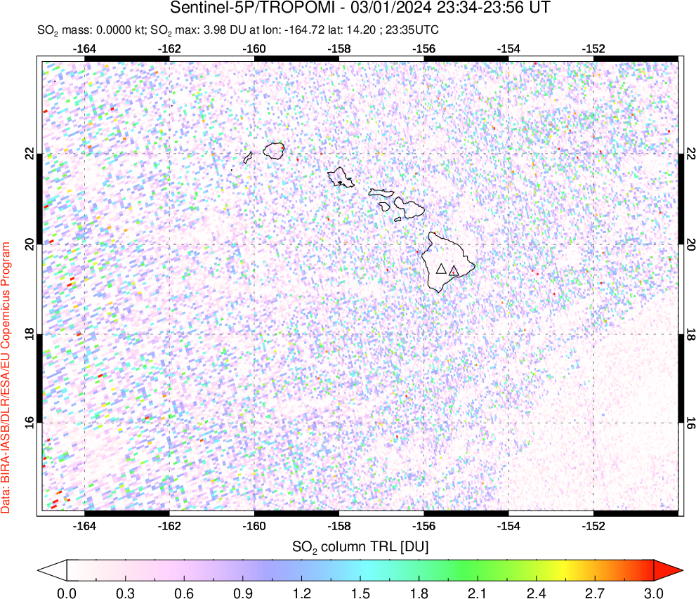 A sulfur dioxide image over Hawaii, USA on Mar 01, 2024.