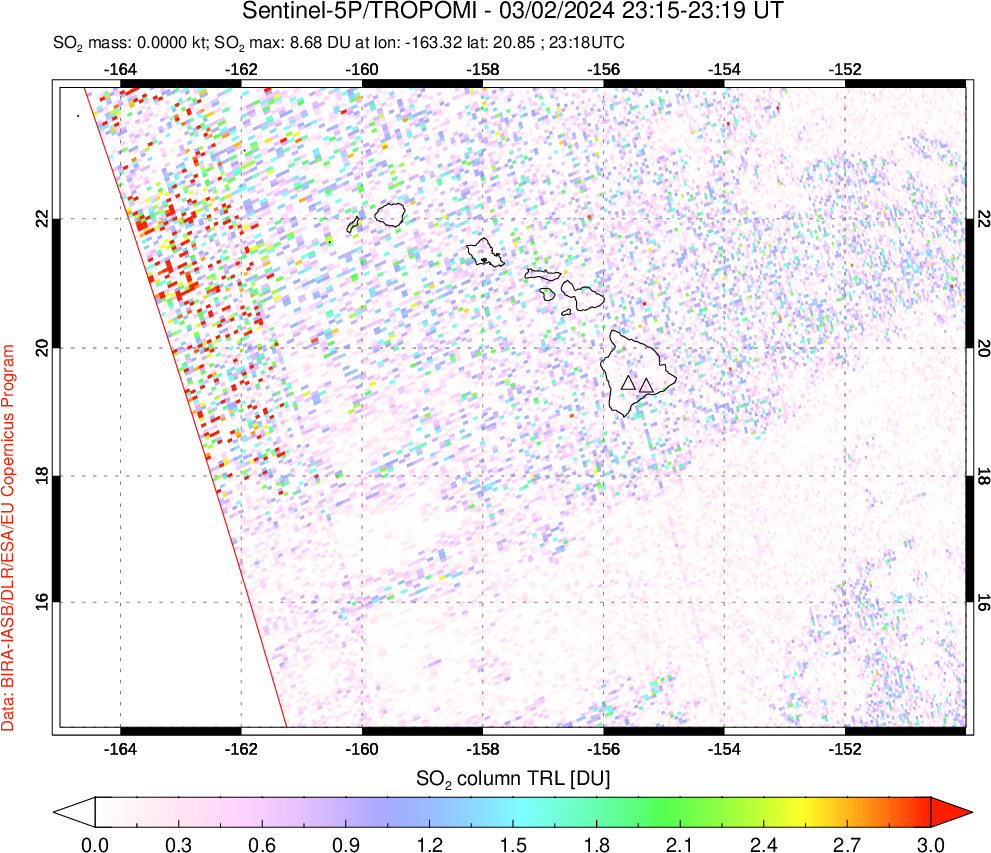 A sulfur dioxide image over Hawaii, USA on Mar 02, 2024.