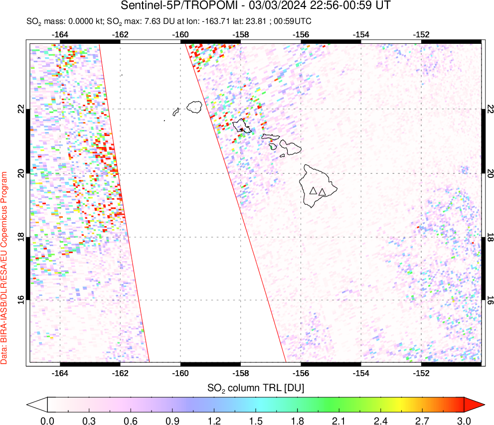 A sulfur dioxide image over Hawaii, USA on Mar 03, 2024.