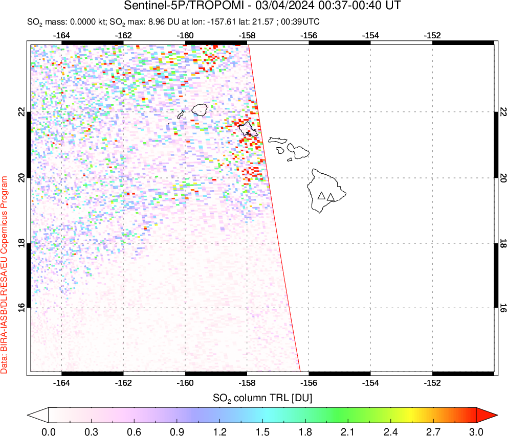 A sulfur dioxide image over Hawaii, USA on Mar 04, 2024.