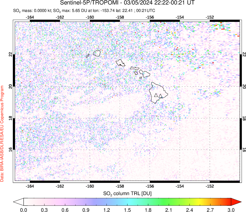 A sulfur dioxide image over Hawaii, USA on Mar 05, 2024.