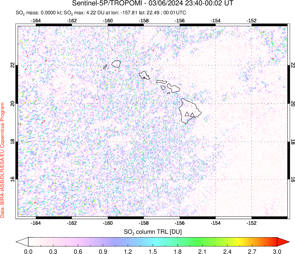 A sulfur dioxide image over Hawaii, USA on Mar 06, 2024.