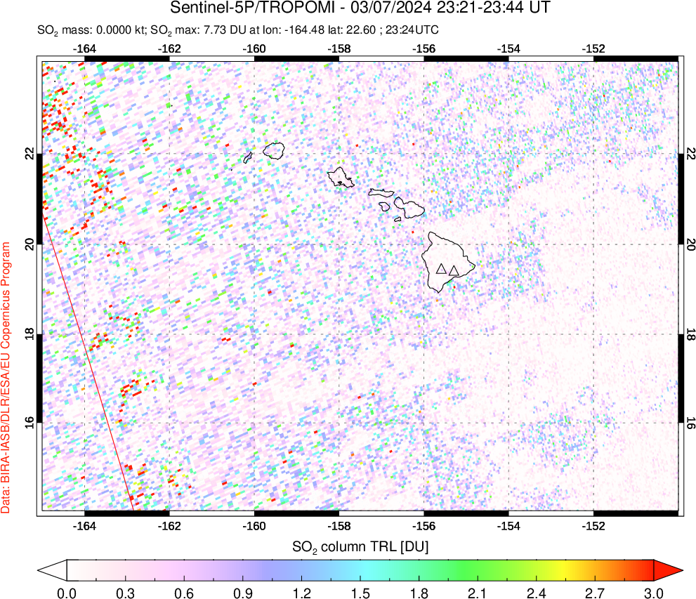 A sulfur dioxide image over Hawaii, USA on Mar 07, 2024.