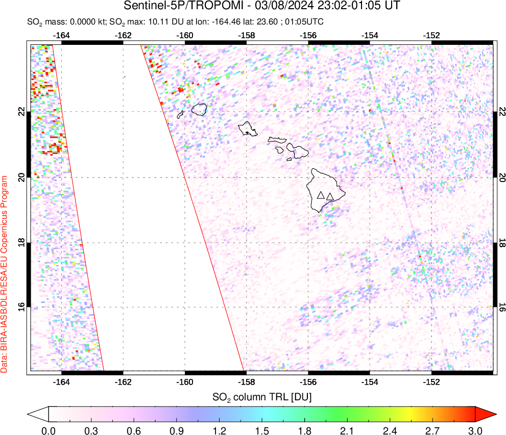 A sulfur dioxide image over Hawaii, USA on Mar 08, 2024.