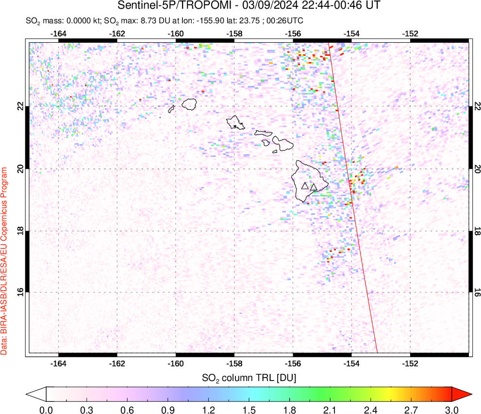 A sulfur dioxide image over Hawaii, USA on Mar 09, 2024.