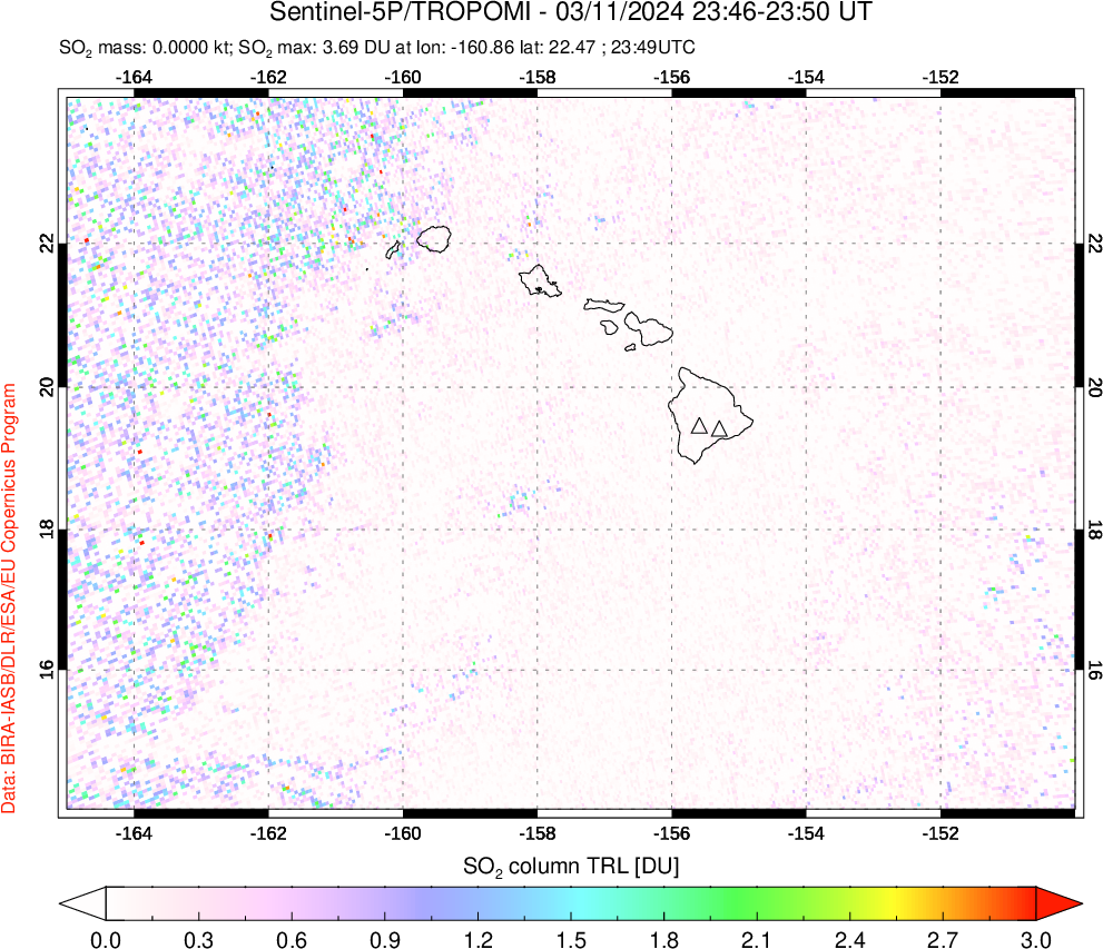 A sulfur dioxide image over Hawaii, USA on Mar 11, 2024.