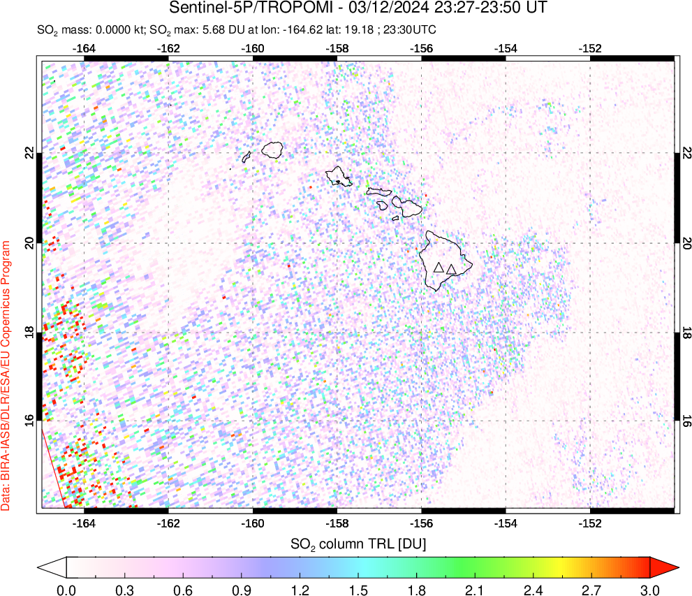 A sulfur dioxide image over Hawaii, USA on Mar 12, 2024.