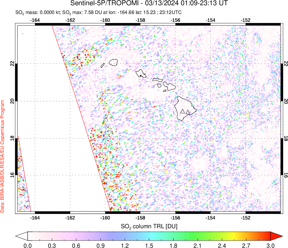 A sulfur dioxide image over Hawaii, USA on Mar 13, 2024.