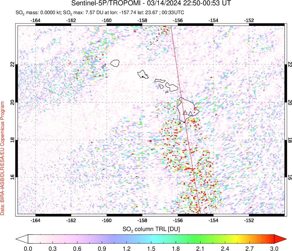 A sulfur dioxide image over Hawaii, USA on Mar 14, 2024.