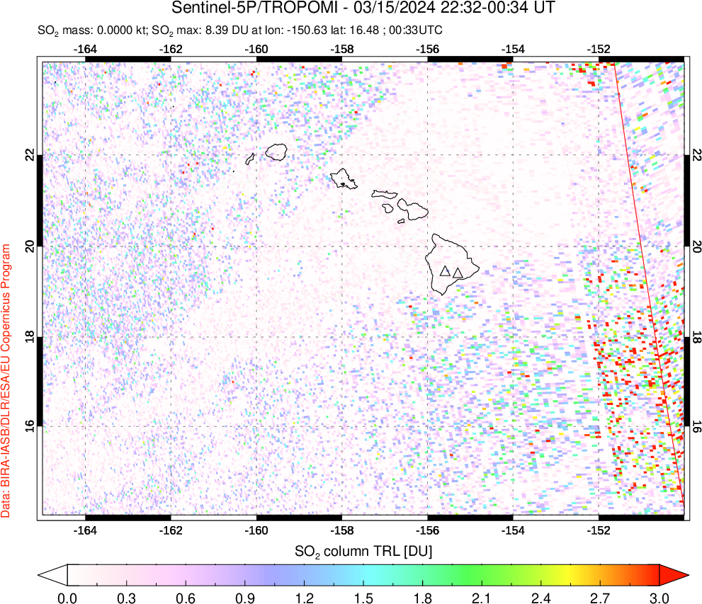 A sulfur dioxide image over Hawaii, USA on Mar 15, 2024.