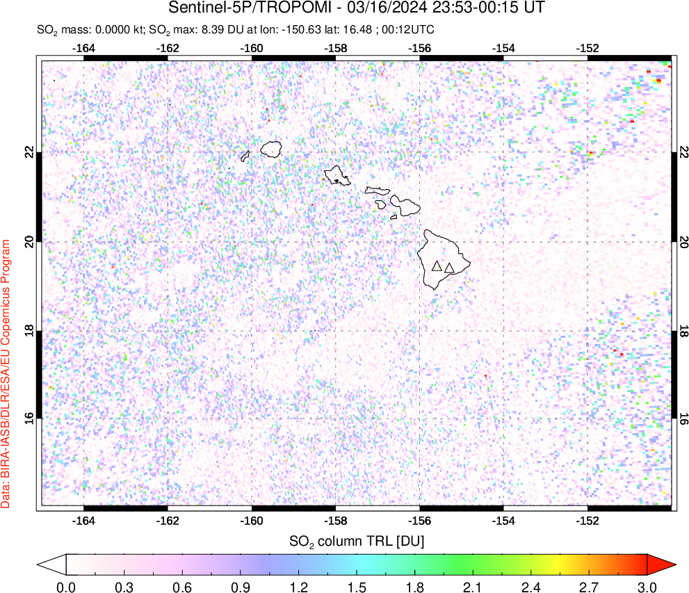 A sulfur dioxide image over Hawaii, USA on Mar 16, 2024.